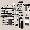 Bathroom Accessories Organized on Wall with Toiletries Towels Hair Dryer Holder and Mirror