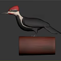 Woodpecker with red head black body white neck on red wooden log with gray background
