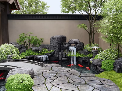 Natural Rockery Stones with Waterfall Koi Fish Pond Stone Path and Bamboo Trees 3d model