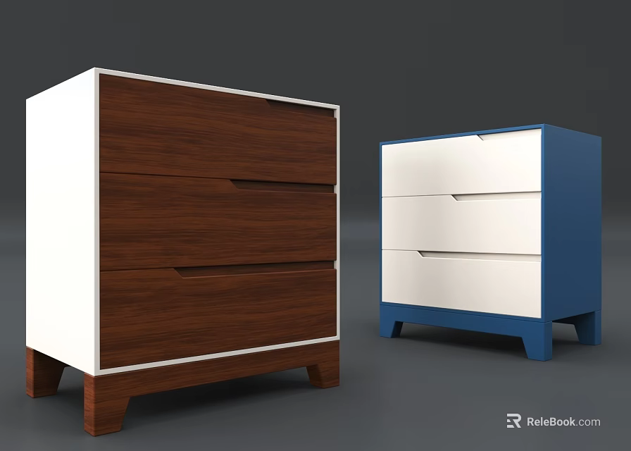 Modern Bedside Tables With Wooden White And Blue Design Three Drawers 3d model 
