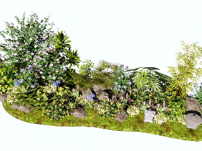Lush Flowers and Diverse Plants in Natural Garden Landscape with Green Grass and Stones 3d model