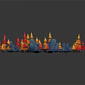 Miniature Garden Ornaments With Red Orange Trees And Blue Rocks