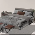 Double Bed With Gray Comforter Brown Cushions Nightstands Table Lamp Green Plant Bench Striped Rug