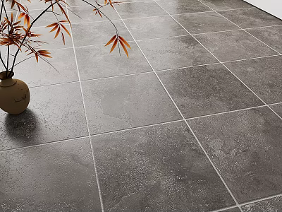 Gray Square Floor Tiles In Modern Interior With Decorative Vase And Brown Leaves 3d model