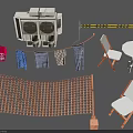 Outdoor Electronic Appliance Setup Featuring Air Conditioner Unit Clothesline Volleyball Net Folding Chairs And Table