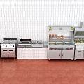 Commercial Stainless Steel Kitchen Equipment With Multiple Cooktops Worktables And Storage Cabinets