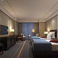 Modern Hotel Room With Twin Beds Blue Bedding Red Cushions Decorative Wall And Striped Carpet