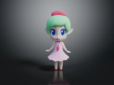Cute Cartoon Character With Green Hair Pink Hat Big Blue Eyes And Elf Ears 3d model