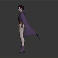 Woman With Purple Hair And Cape Wearing Dark Bodysuit Gold Trimmed Belt And Purple Boots