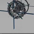 Intricate Mechanical Design Featuring Blue Pillars Black Rings Gears And Engine Parts On Dark Background