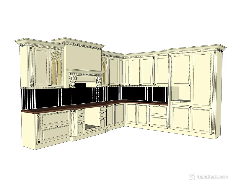 Traditional Kitchen Cabinets With Multiple Doors Drawers Countertop And Range Hood 3d model 