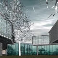 Modern Greenland Group Sales Office Building With Glass Curtain Wall And Surrounding Landscaping Trees