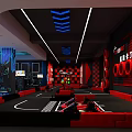 Tech Themed Indoor Playground With Blue Lighting Ceiling Stripes Gaming Gear Red Seats Checkerboard Walls