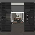 Modern Black Grid Design Sliding Doors in Bedroom with Wooden Flooring Round Mirror and Bed