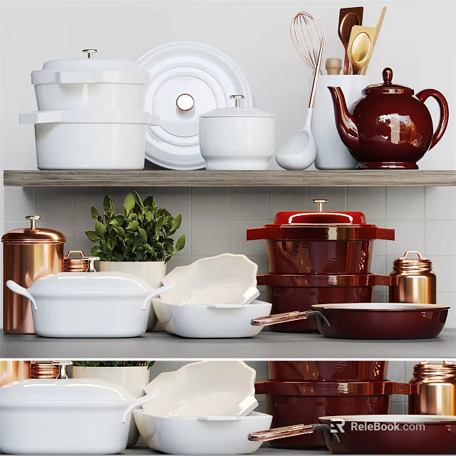 White Red Copper Kitchen Cookware Set On Shelf With Green Plant Decor 3d model 