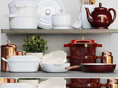 White Red Copper Kitchen Cookware Set On Shelf With Green Plant Decor 3d model