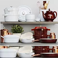 White Red Copper Kitchen Cookware Set On Shelf With Green Plant Decor