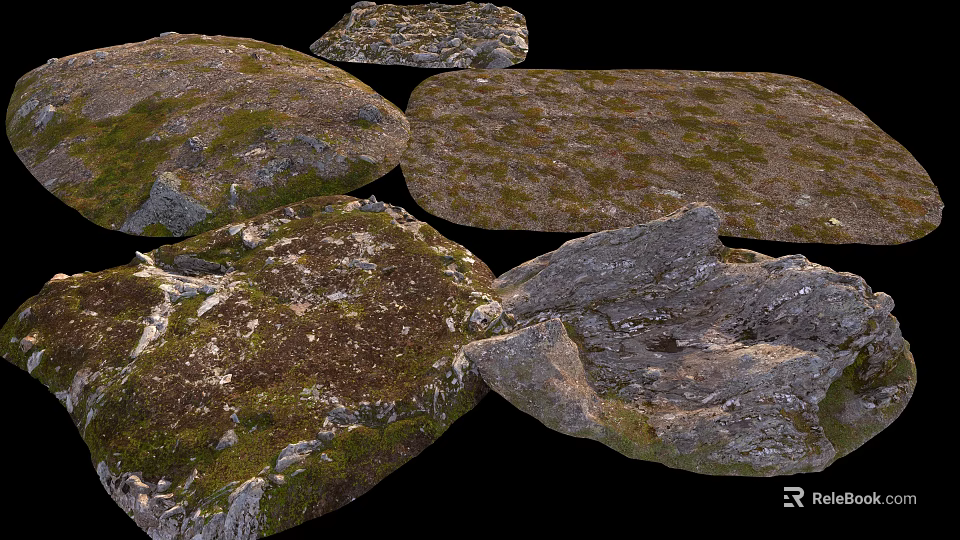 Natural Stone and Wood Decorative Pieces With Mossy Surfaces And Organic Textures 3d model 
