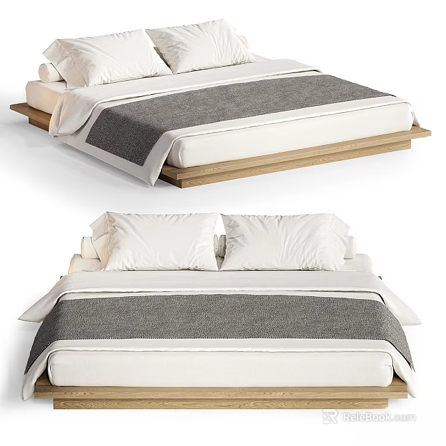 Modern Double Bed With Wooden Frame White Sheets And Gray Blanket Design 3d model 