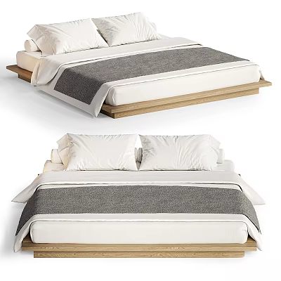 Modern Double Bed With Wooden Frame White Sheets And Gray Blanket Design 3d model