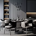 Modern Dining Table Set With Comfortable Chairs Hanging Lights And Wooden Bookshelf