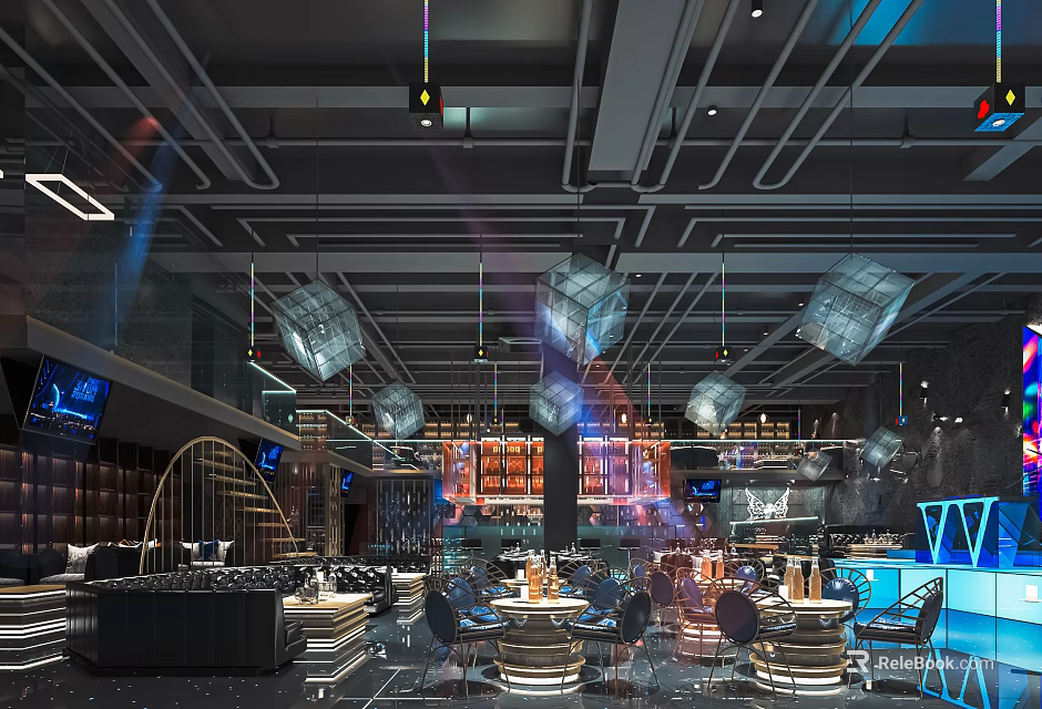 Modern Bar Interior With Hanging Decorative Lights Bar Counter And Comfortable Seating Area 3d model 