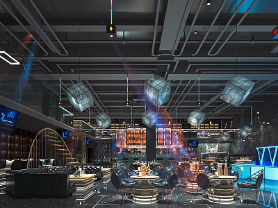 Modern Bar Interior With Hanging Decorative Lights Bar Counter And Comfortable Seating Area 3d model
