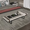 Modern Bedroom Interior With Bed Pillows Nightstand Bench Area Rug And Curtains