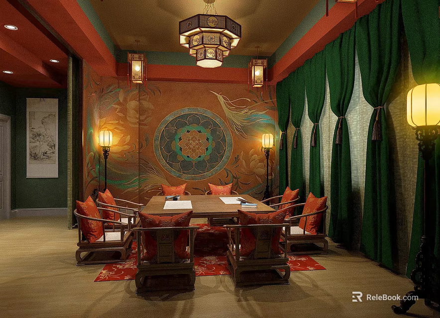 Traditional Chinese Dining Room Interior With Round Table Chairs Green Curtains And Decorative Wall Art 3d model 