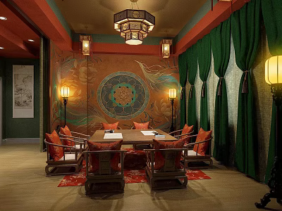 Traditional Chinese Dining Room Interior With Round Table Chairs Green Curtains And Decorative Wall Art 3d model