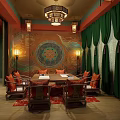 Traditional Chinese Dining Room Interior With Round Table Chairs Green Curtains And Decorative Wall Art