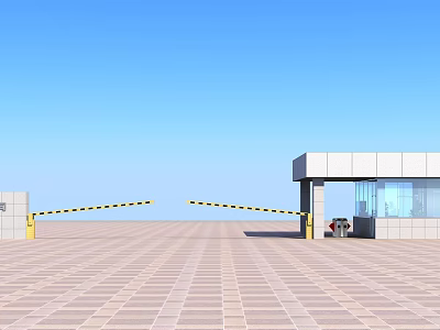 Entrance Gate With Automatic Barrier Security Booth And Paved Ground Under Clear Blue Sky 3d model
