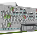 Contemporary Building Facade Design With Geometric Patterns Green Red Accents And Glass Elements 3d model
