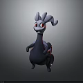 3D Animated Fantasy Creature Character With Blue Curly Ears Red Glowing Eyes Black Body Standing Posture