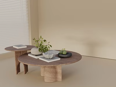 Light Toned Sofa Coffee Table Set With Two Round Tables Plants Books And Window Blinds 3d model