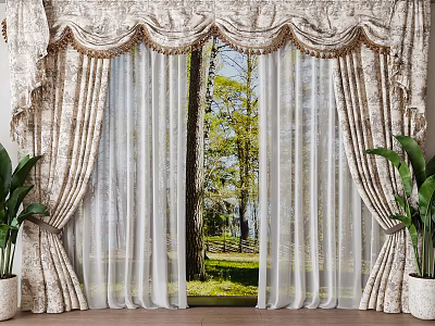 Elegant Layered Curtains With Floral Pattern Sheer Inner And Tree Garden View 3d model