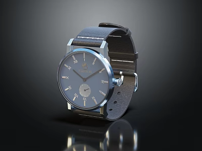 Classic Round Dial Watch With Black Leather Strap And Silver Hands 3d model