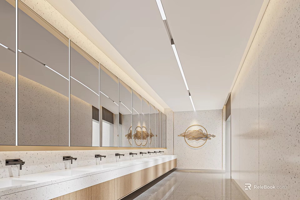 Modern Bathroom Interior With Large Mirrors Long Vanity And Recessed Lighting 3d model