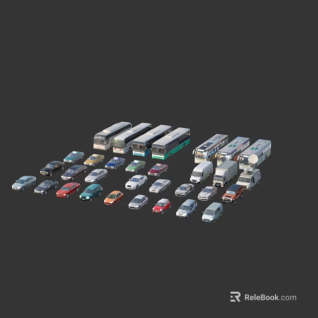 Various Types of Cars Buses and Vans Arranged Together in Vehicle Collection 3d model 