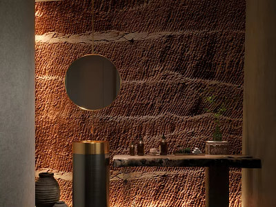 Other Bathroom Featuring Brown Textured Wall Round Mirror Warm Lighting Green Plant And Wooden Countertop 3d model