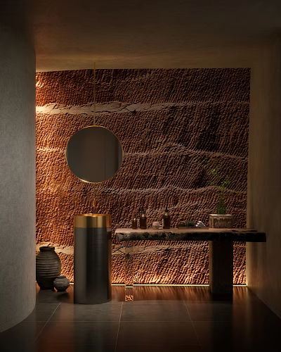 Other Bathroom Featuring Brown Textured Wall Round Mirror Warm Lighting Green Plant And Wooden Countertop 3d model