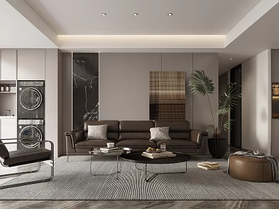 Elegant Modern Living Room Interior With Leather Sofa Coffee Table And Potted Plant 3d model
