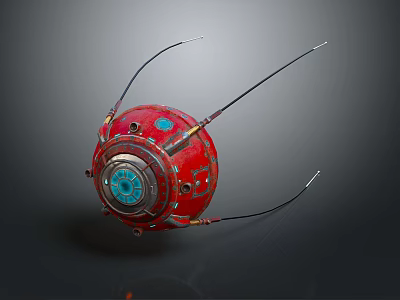 Red Spherical Mechanical Device With Blue Circular Component And Slender Antennas 3d model
