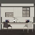 Modern Minimalist Study Room Interior With Long Desk Two Chairs Laptop And Glass Door Bookshelves