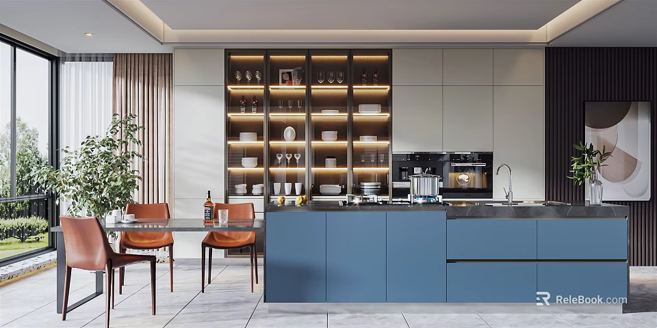 Modern Restaurant Interior With Open Kitchen Blue Cabinets And Dining Table Chairs 3d model