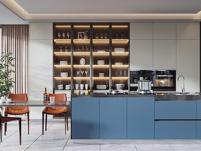 Modern Restaurant Interior With Open Kitchen Blue Cabinets And Dining Table Chairs 3d model