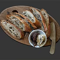 Fresh Sliced Bread Arranged On Wooden Platter With Butter And Jam