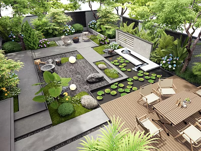 Tranquil Courtyard Garden Design With Lush Greenery Stone Pathways Outdoor Dining Set And Lotus Pond 3d model