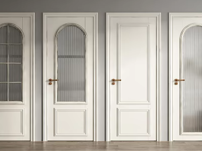 White Hinged Doors In Various Styles With Arched Glass And Golden Handles 3d model