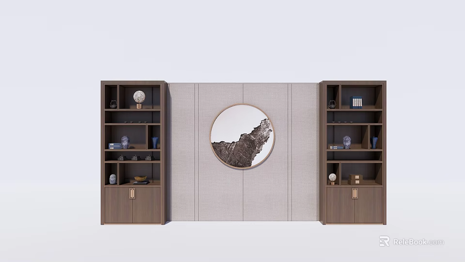 Two Wooden Bookcases With Decorative Items And Circular Wall Art In Between 3d model